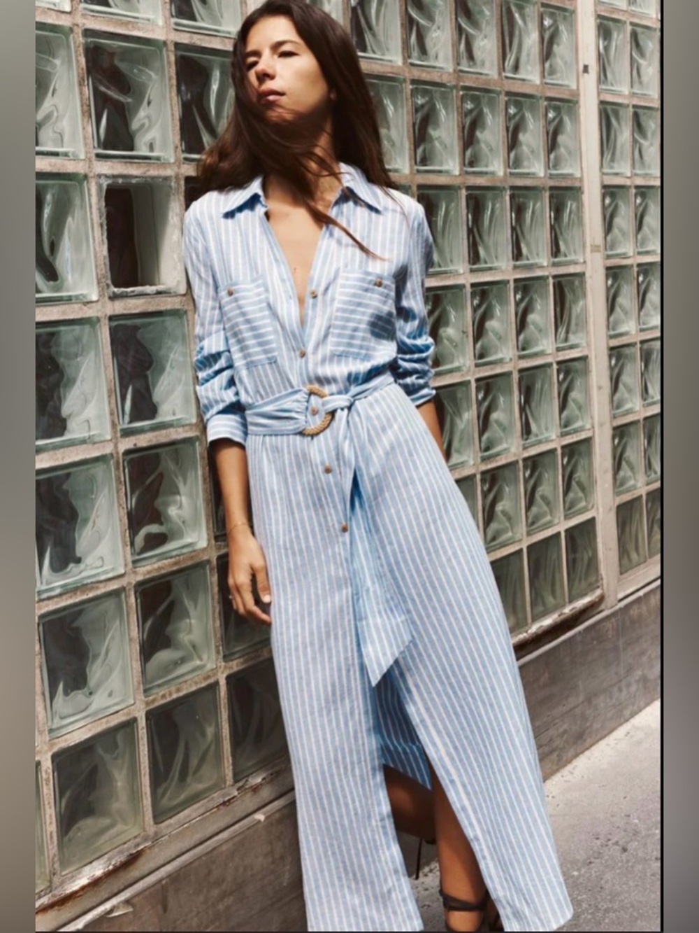 Zara Blue White Striped Shirt Dress Linen Blend Belted Midi XS Summer